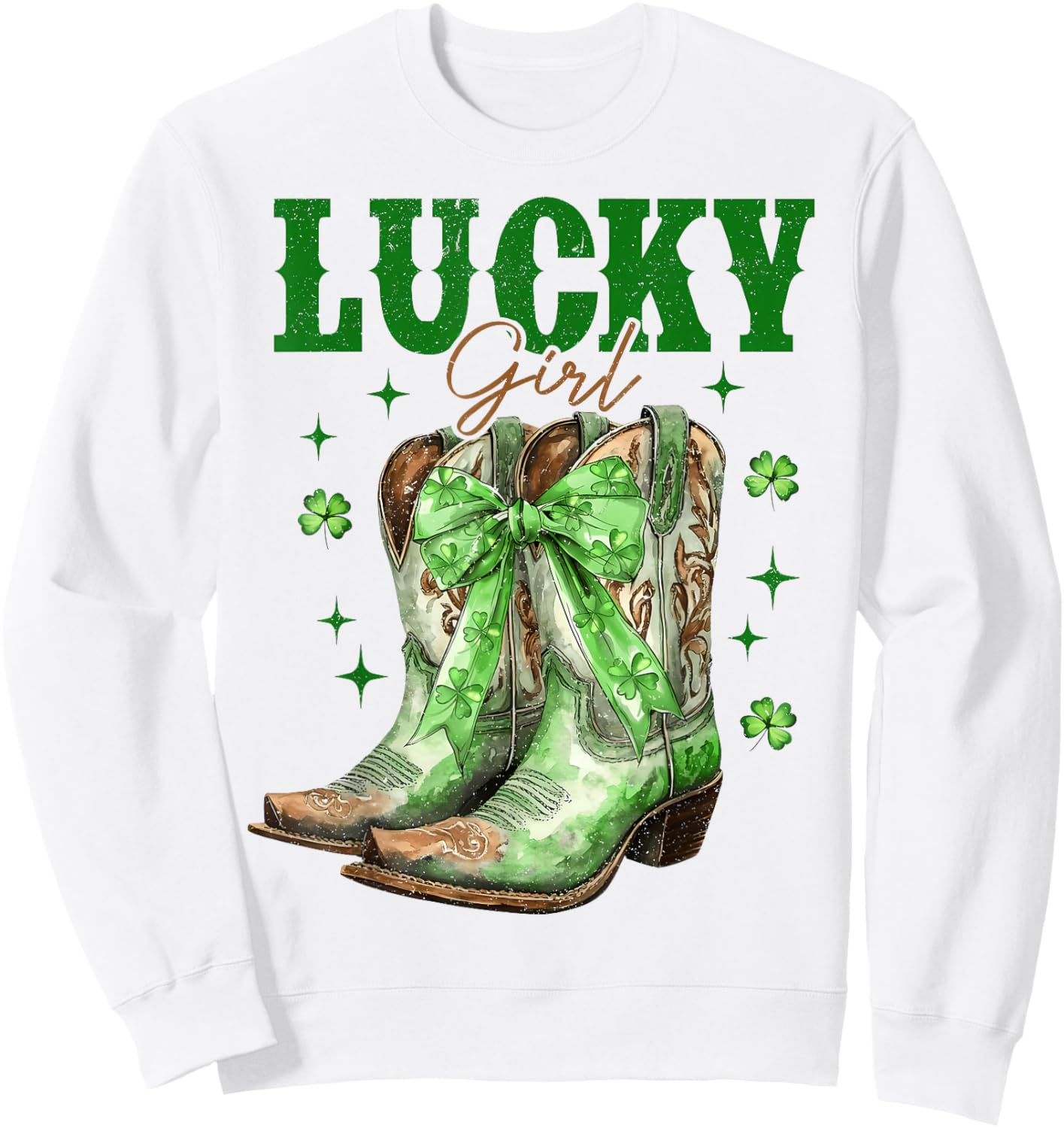 St Patrick's Day Cowboy Boots Green Shamrock Bow Lucky Girl Sweatshirt - Sweatshirt | White