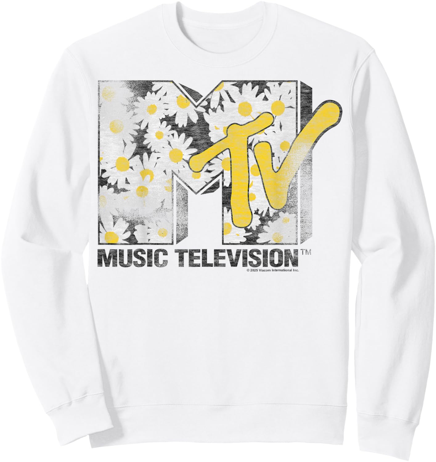 MTV Classic Distressed Logo Filled with Daisy Pattern Sweatshirt - Sweatshirt | White