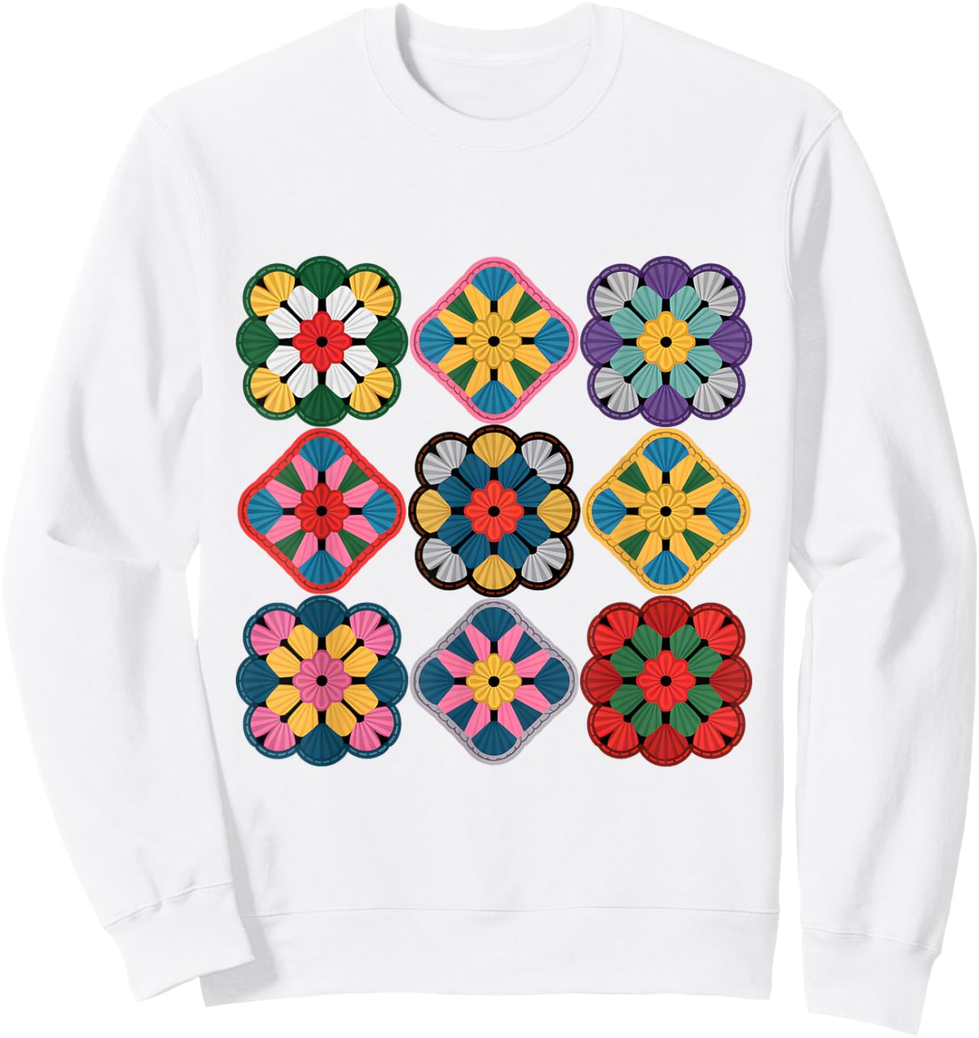 Colorful Granny Square Pattern Mandala Retro Crochet Sweatshirt - Sweatshirt | White