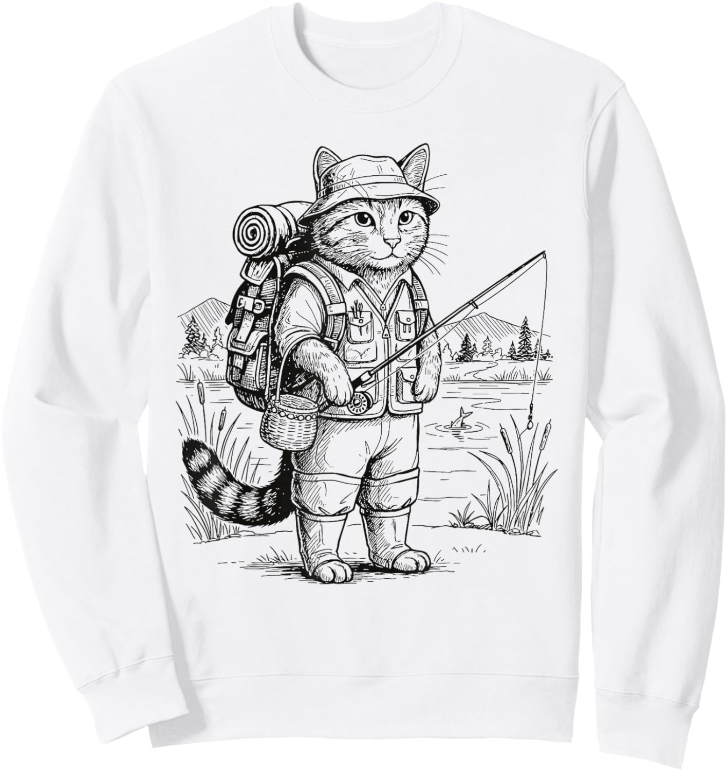 Fish Cat Fisherman Sweatshirt - Sweatshirt | White
