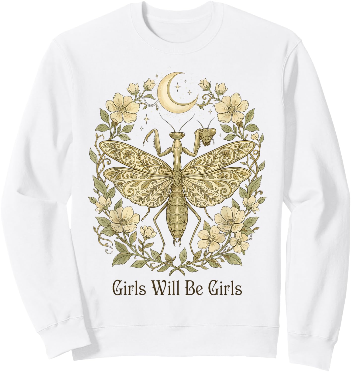 Girls Will Be Will Girls Praying Mantis Boho Celestial Sweatshirt - Sweatshirt | White