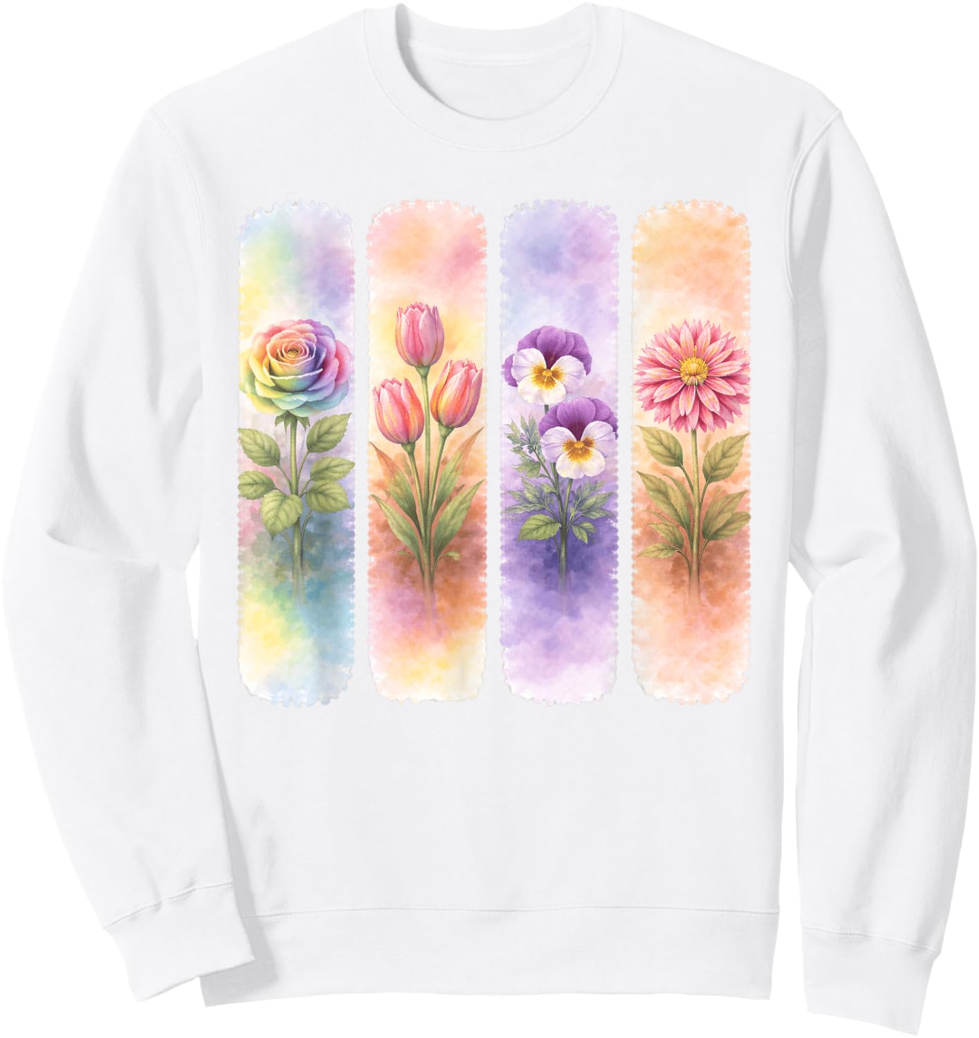 Watercolor Rainbow Rose Tulip Pansy Dahlia Blooms Sweatshirt - Sweatshirt | White