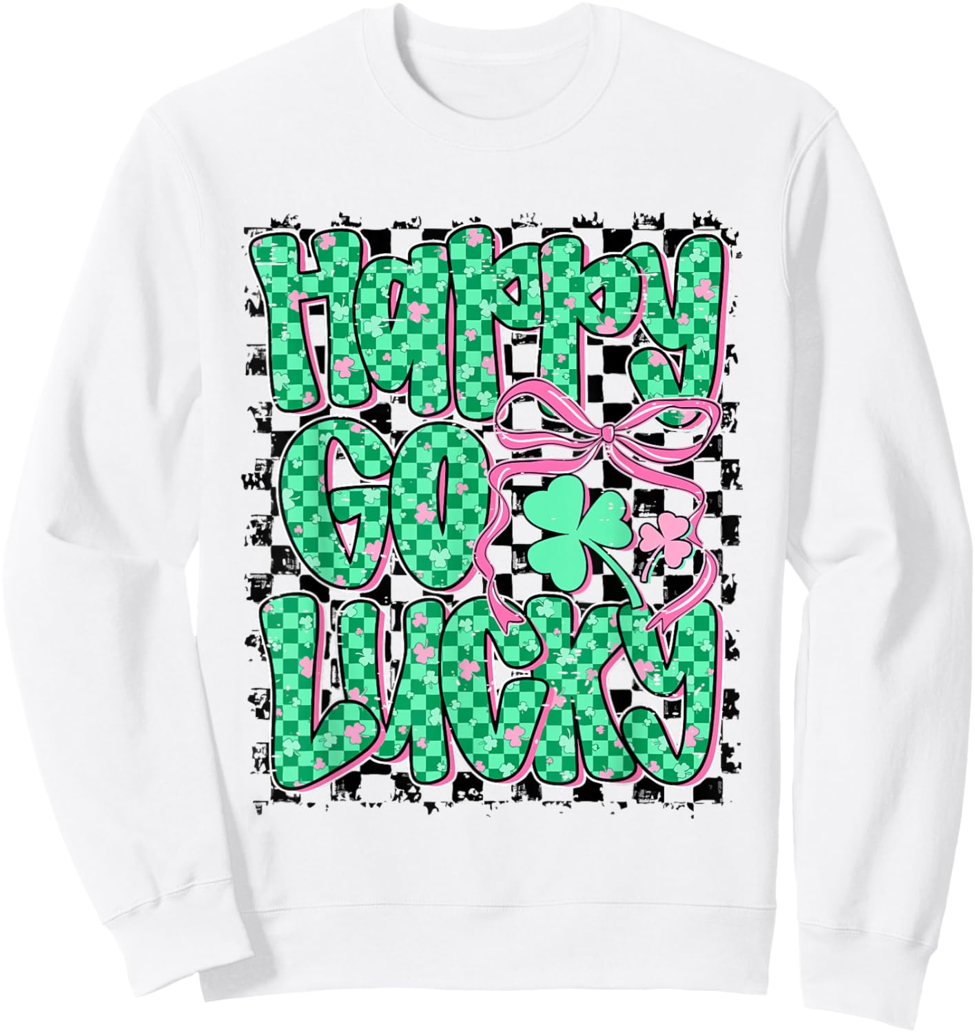 Retro Checkered Happy Go Lucky Shamrock Cute St Patricks Day Sweatshirt - Sweatshirt | White