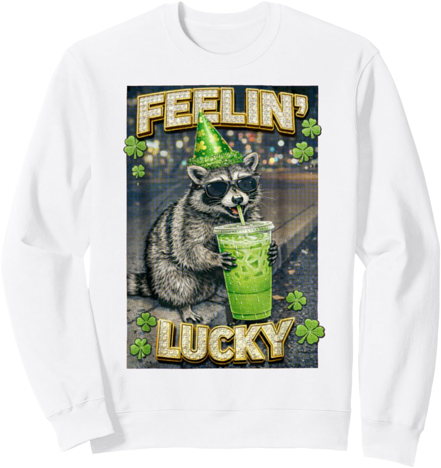 St Patricks Feeling Lucky Funny Racoon Coffee Lover Party Sweatshirt - Sweatshirt | White