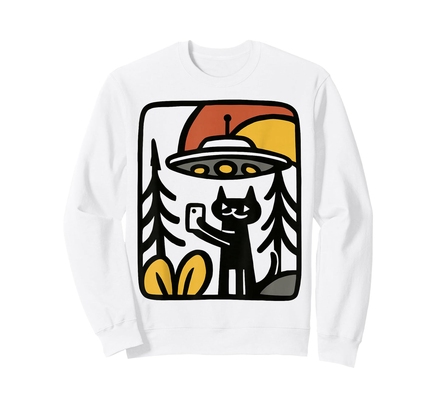 Black Cat UFO Selfie – Funny Alien Forest Art Illustration T-Shirt