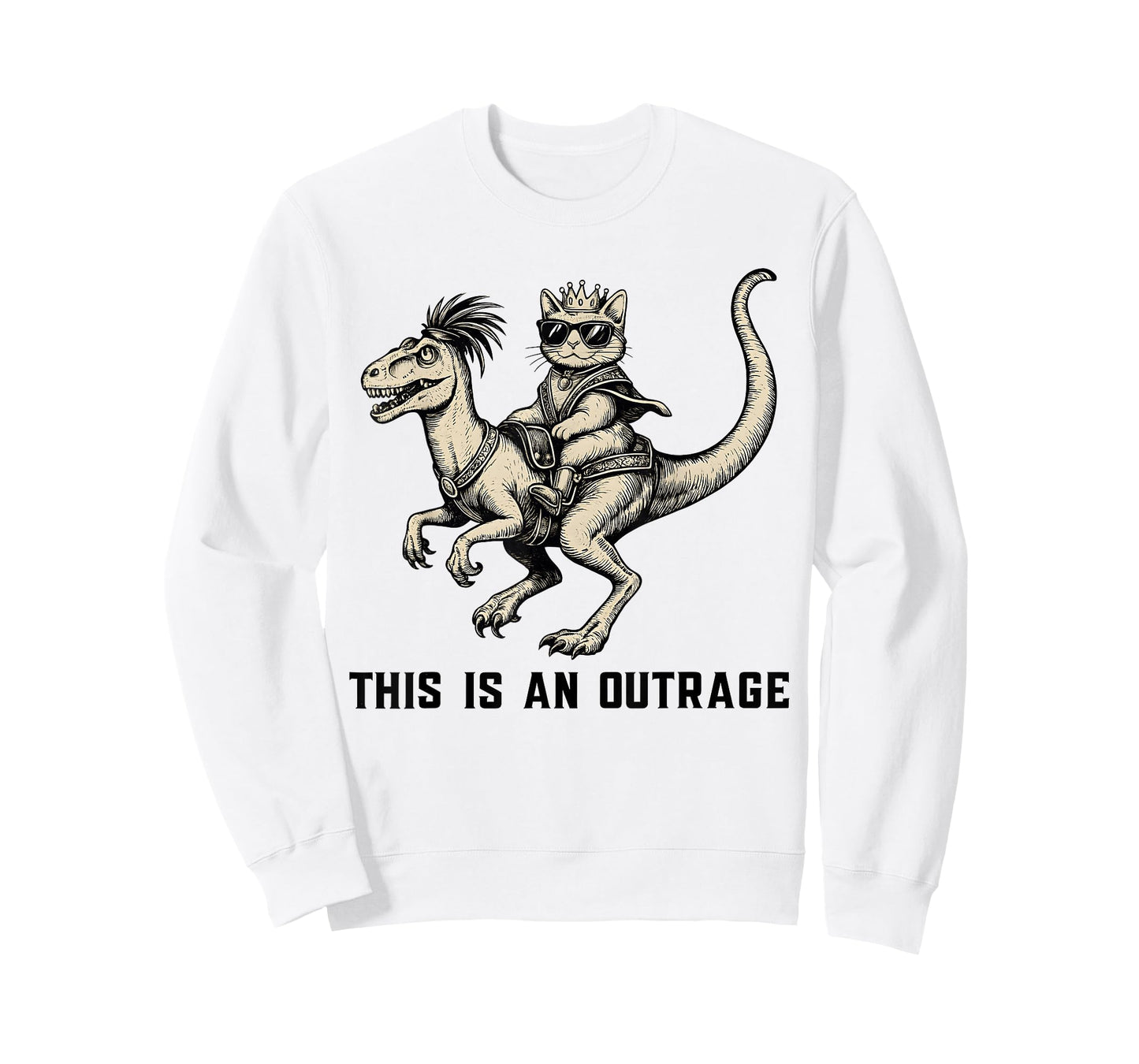 This is an Outrage Funny Cat Riding Dinosaur Meme T-Shirt