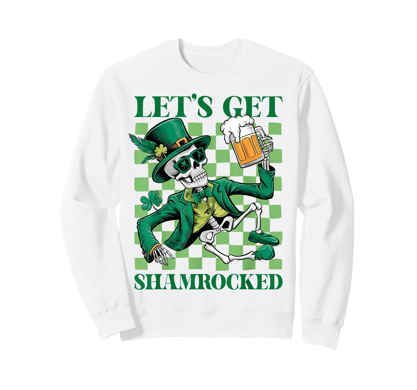 Lets Get Retro Shamrocked Skeleton Drink Checkered Graphic T-Shirt