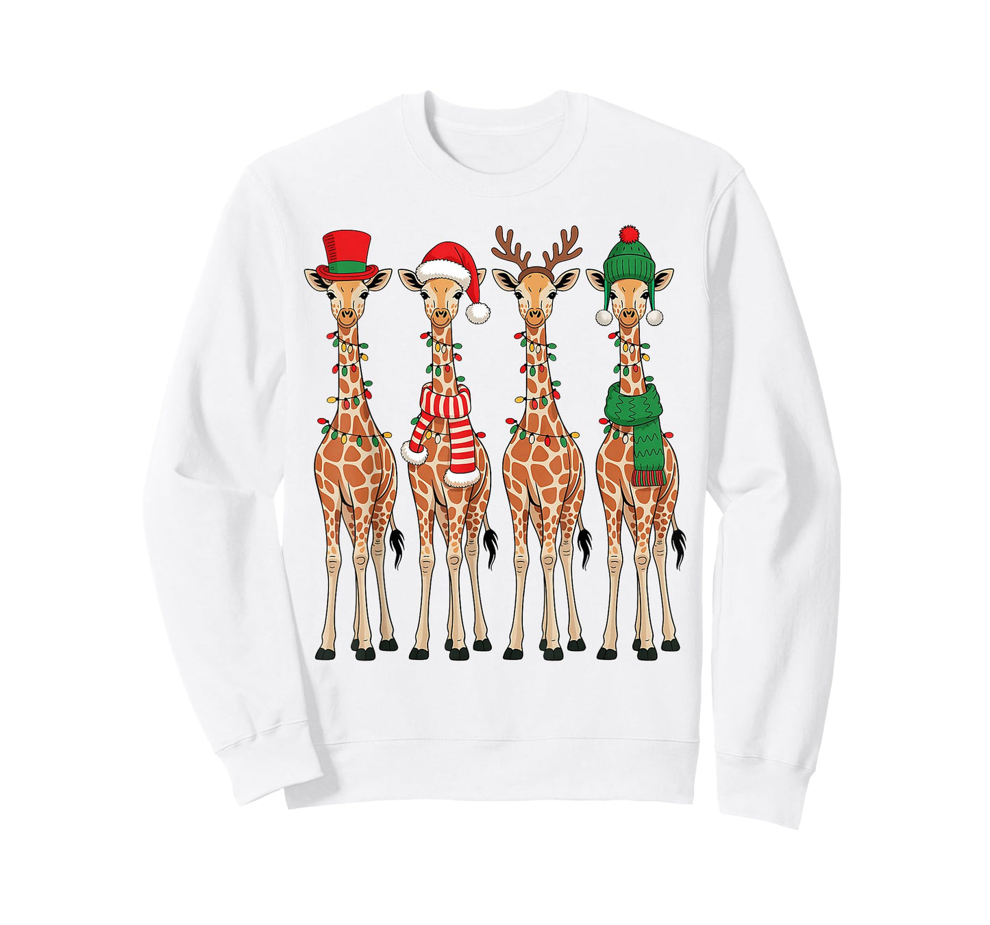 Cute Christmas Giraffes Reindeer Santa Hat Lights Holiday T-Shirt