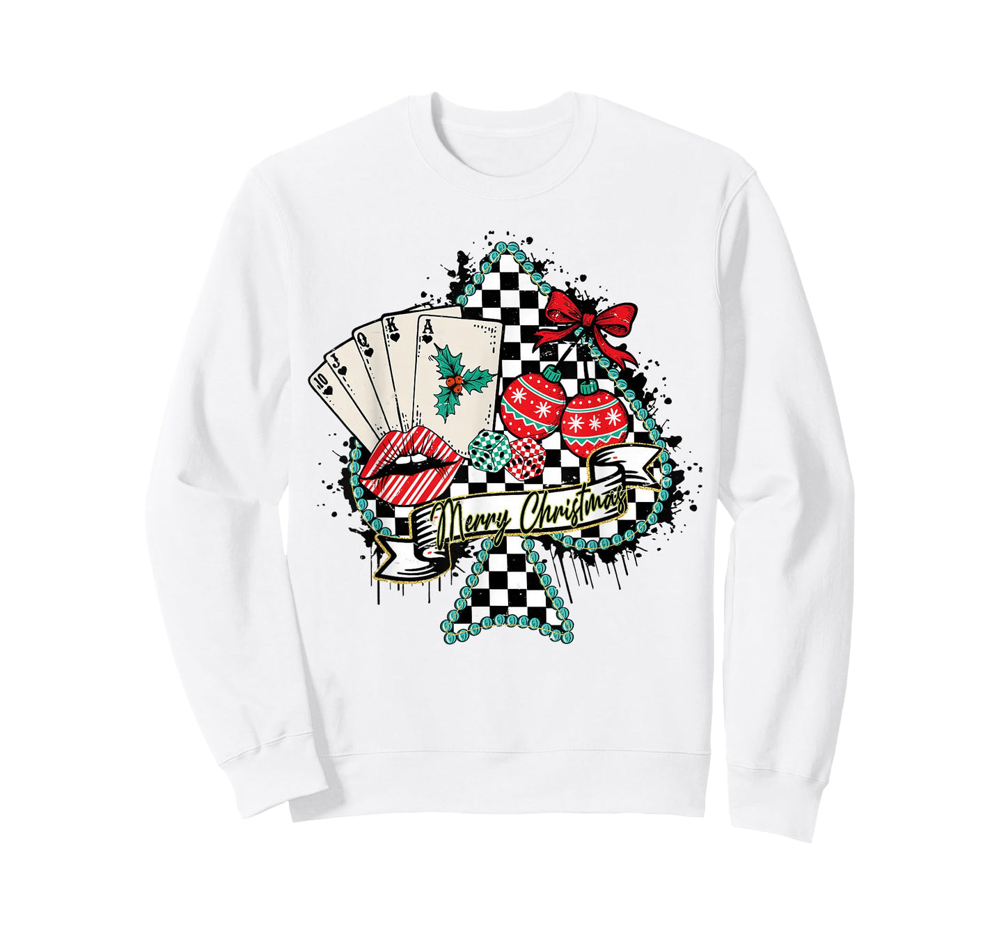 Merry Christmas Poker Queen Retro Checkered Spade Tee T-Shirt