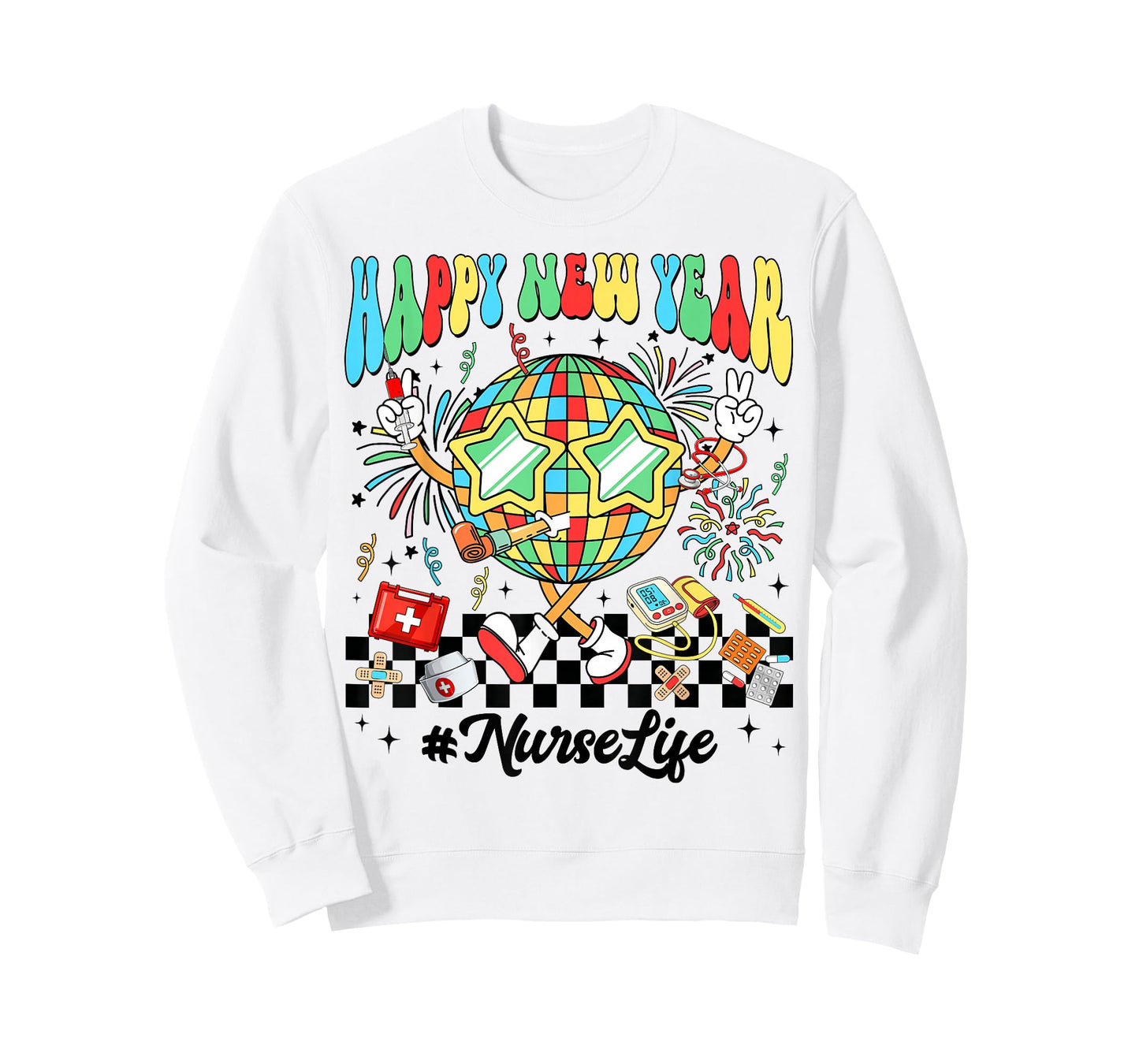 Groovy Happy New Year 2026 Nurse Life Disco Ball Fireworks T-Shirt
