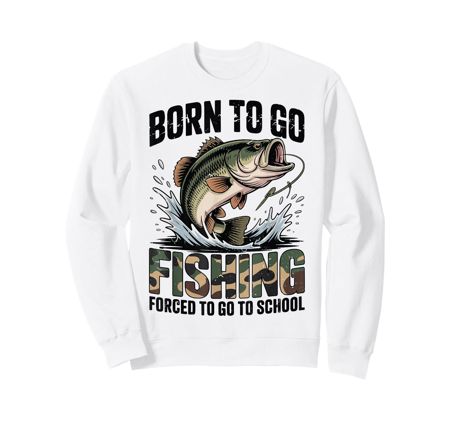 Youth Boy Camo Bass Fish Born Go Fishing Forced School Funny T-Shirt