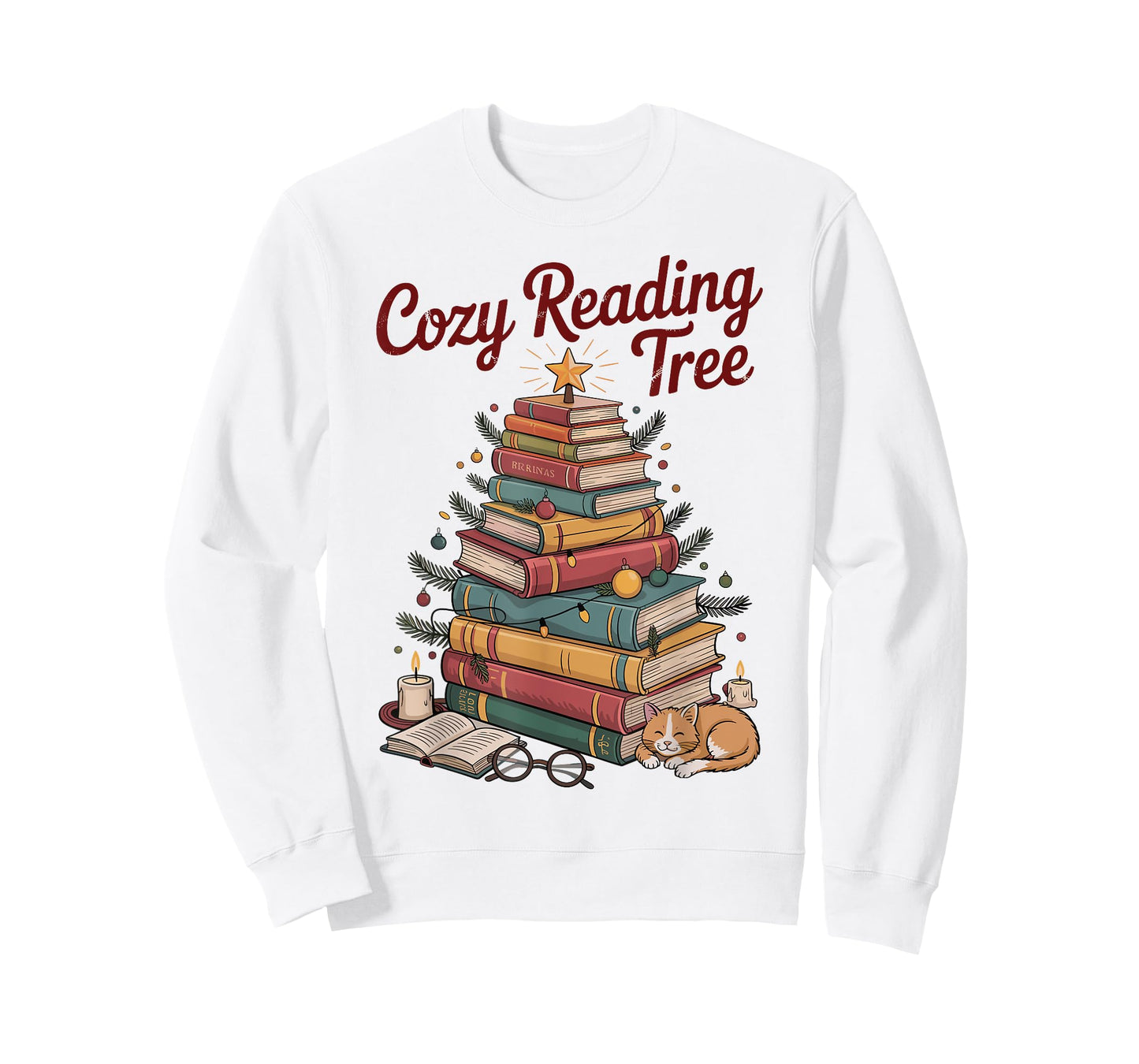Cozy Christmas Reading Tree Cat Candle Stack Bookish Funny T-Shirt
