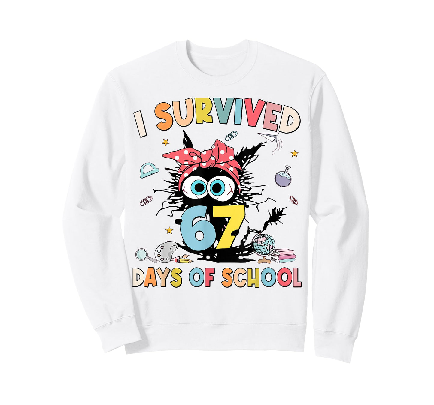 I Survived 67 Six Seven Days of School Teacher Funny Cat T-Shirt