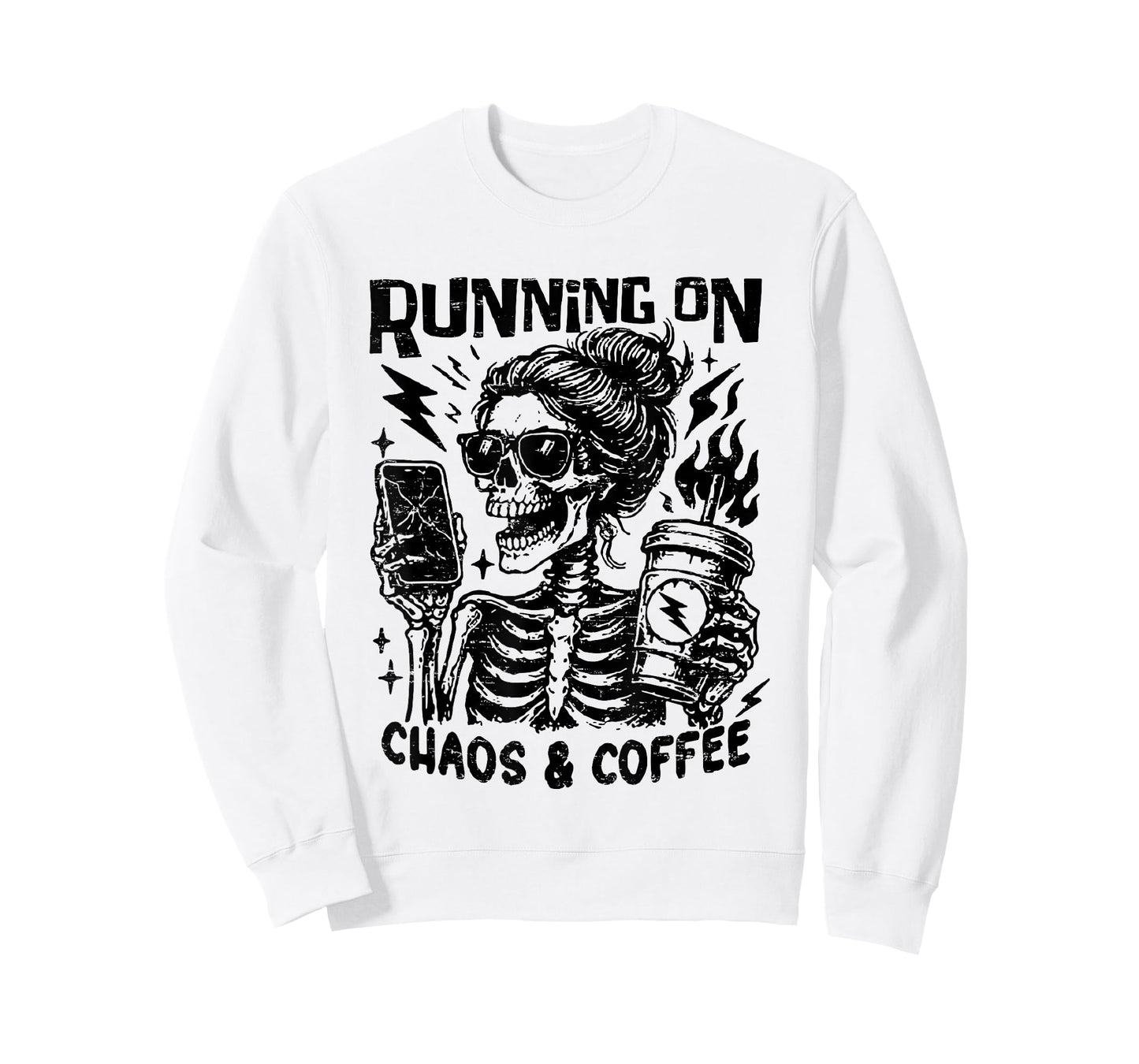 Retro Running on Chaos and Coffee Skeleton Halloween Mom T-Shirt