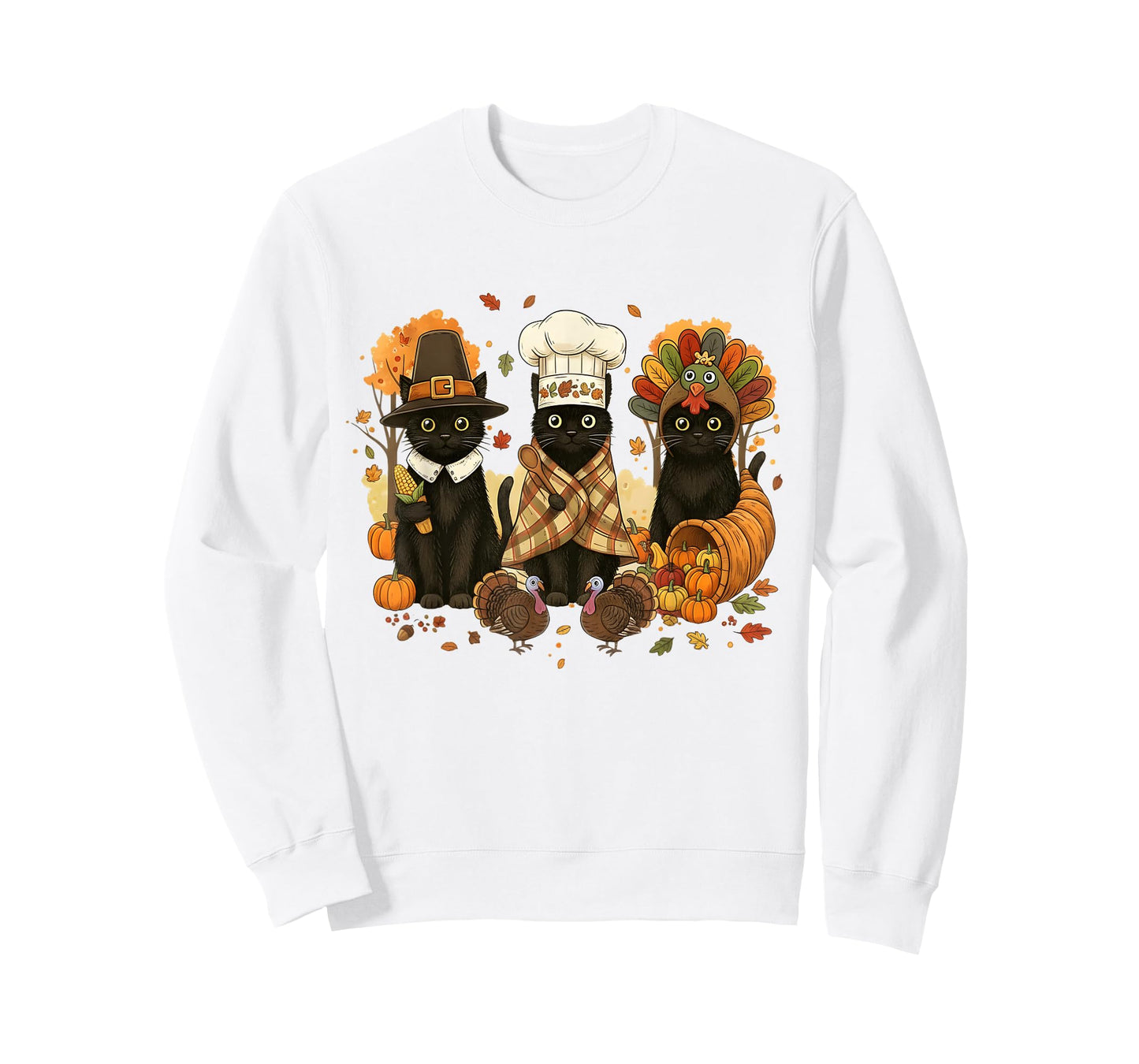 Retro Black Cat Cute Fall Turkey Thanksgiving Women Men Kids T-Shirt