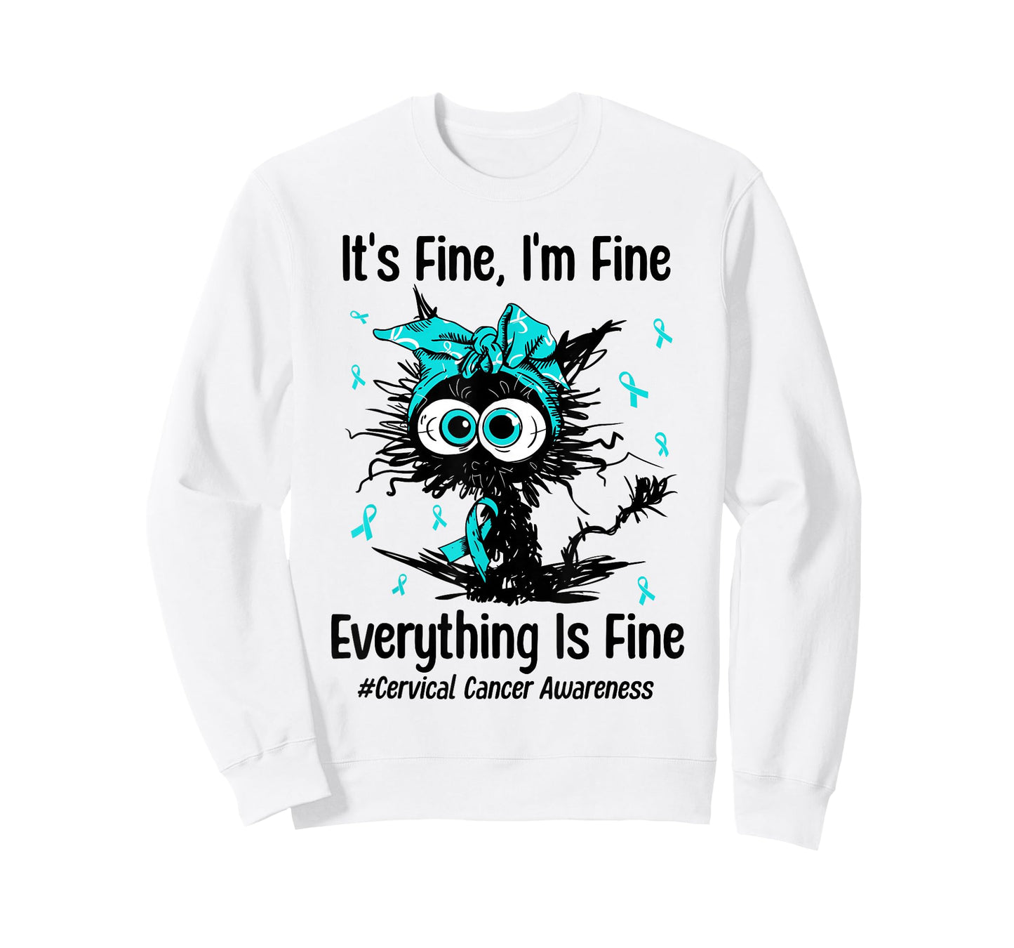Motivational Cervical Cancer Awareness Cat Kitty Ribbon Teal T-Shirt