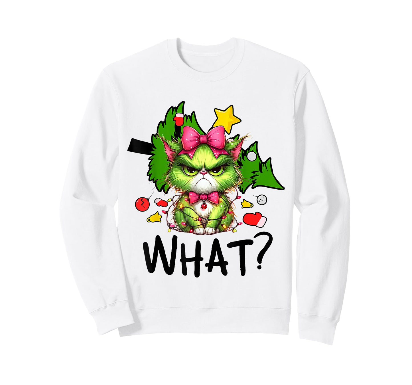 Funny Green Cat Christmas Tree Merry Xmas Humor Cat What? T-Shirt