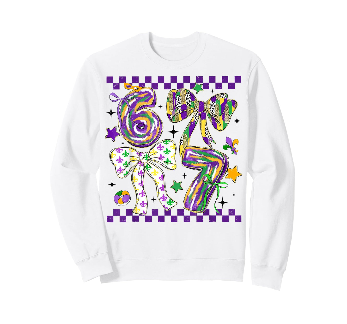 Mardi Gras Six Seven Bow Jester Beads 6 7 Meme Girls Kids T-Shirt