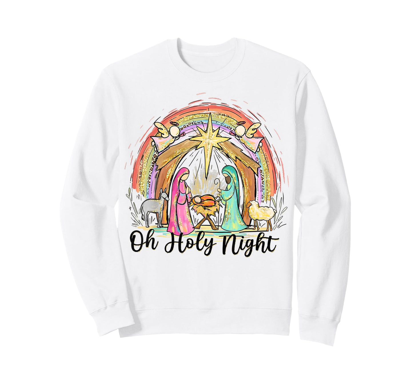 Oh Holy Night Nativity Scene Rainbow Christmas Art T-Shirt