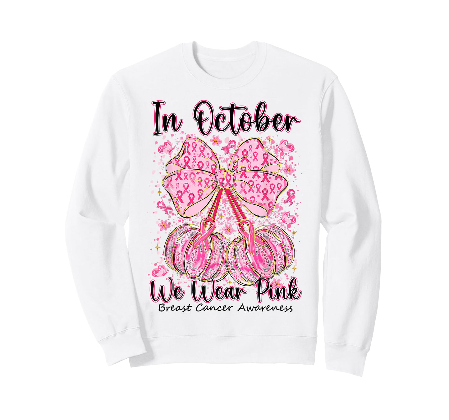 Coquette Bow Pumpkin in October We Wear Pink Breast Cancer T-Shirt