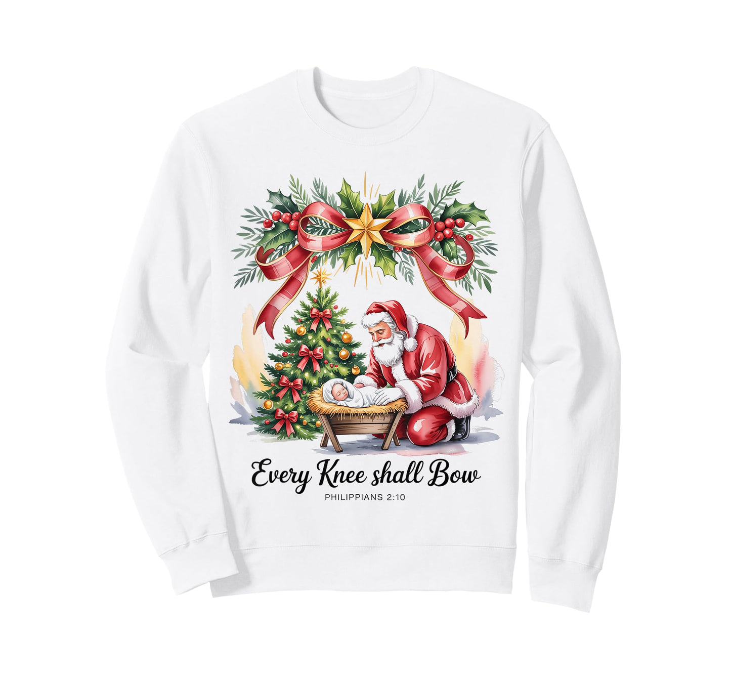 Vintage Every Knee Shall Bow Santa Clause Religious Xmas T-Shirt
