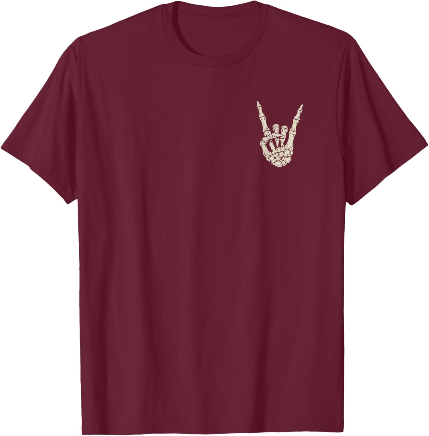 Skeleton Guitar Rock Hands Skull (Design on Front and Back) T-Shirt - T-Shirt | Maroon