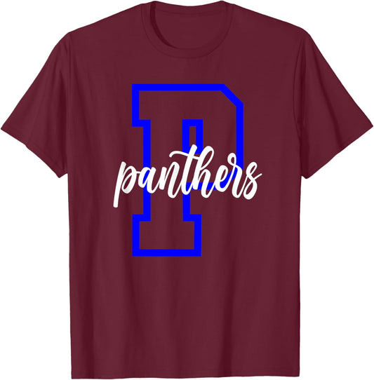 Panthers Letter Blue Panther Pride School Spirit Game Day T-Shirt - T-Shirt | Maroon