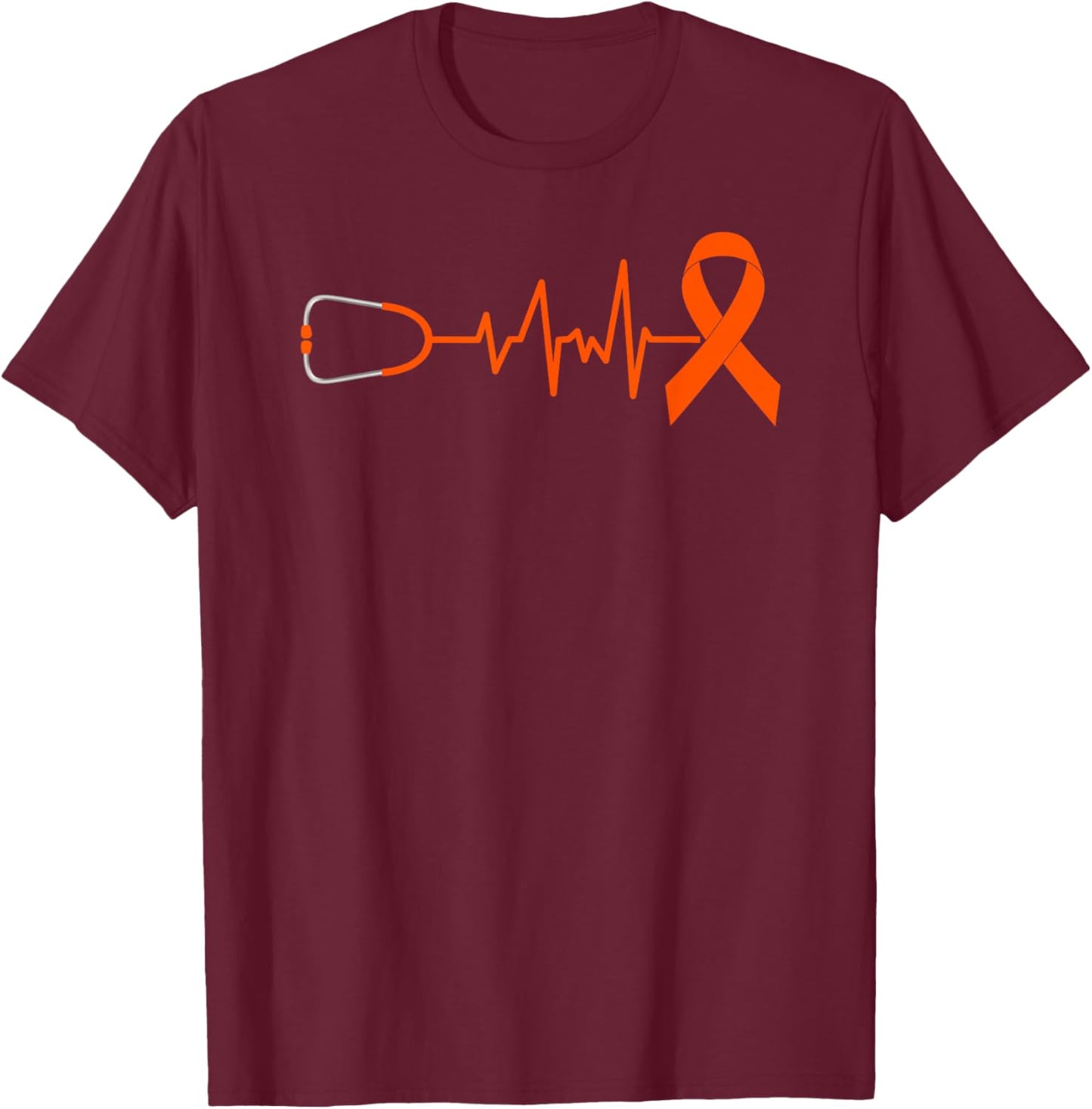 Orange Ribbon Heartbeat Kidney Cancer Month Awareness T-Shirt - T-Shirt | Maroon