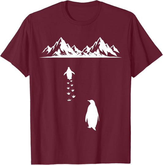 Penguin Walking Alone to Mountains Nihilist Bird Solitary T-Shirt - T-Shirt | Maroon
