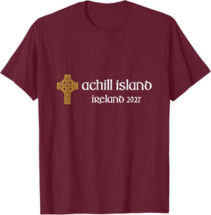 Achill Island Mayo Ireland 2027 Celtic Cross T-Shirt - T-Shirt | Maroon