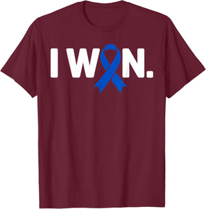 I Won Survivor Colorectal Colon Cancer Awareness Blue Ribbon T-Shirt - T-Shirt | Maroon