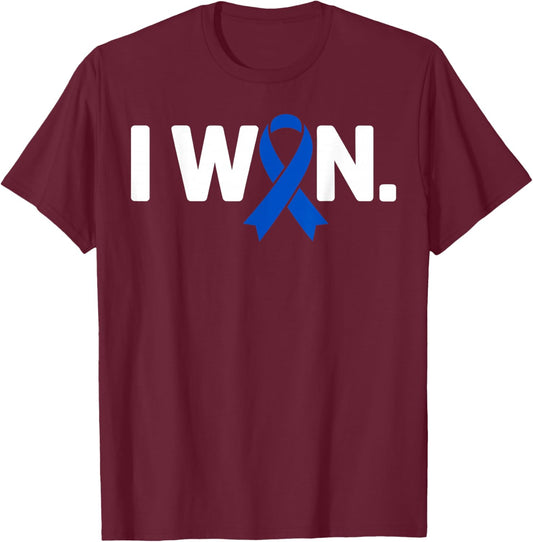 I Won Survivor Colorectal Colon Cancer Awareness Blue Ribbon T-Shirt - T-Shirt | Maroon