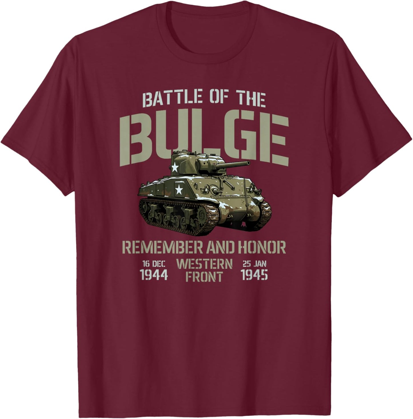 Battle of The Bulge Remember and Honor M4 Sherman Tank T-Shirt - T-Shirt | Maroon