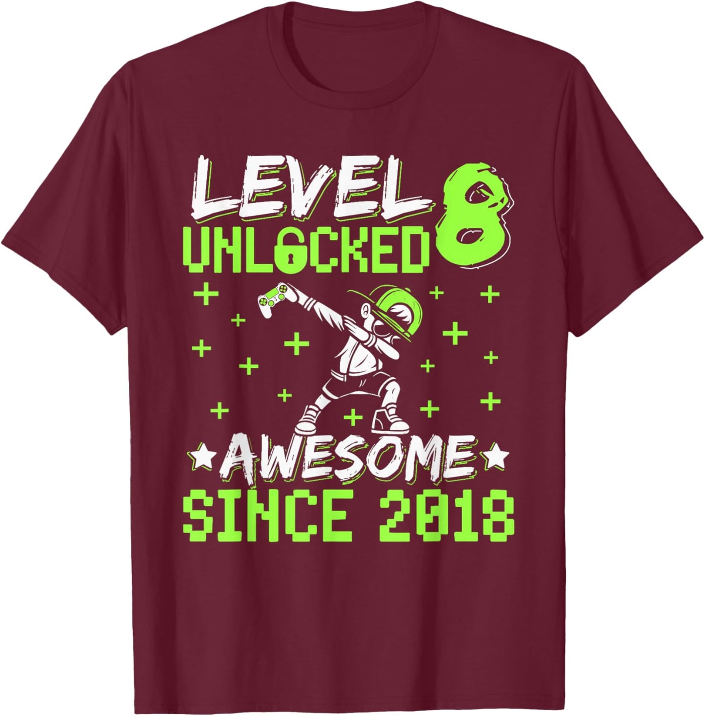 Level 8 Unlocked Awesome Since 2018 8th Birthday Gamer Boy T-Shirt - T-Shirt | Maroon