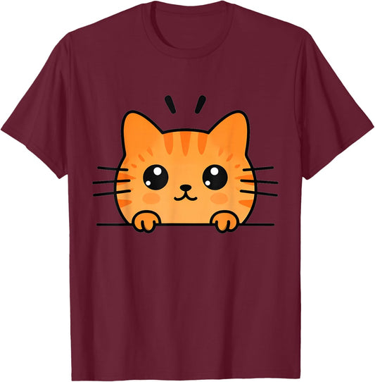 Cute Orange Kitty Cat Peeking Over at You Ginger Cat Lover T-Shirt - T-Shirt | Maroon