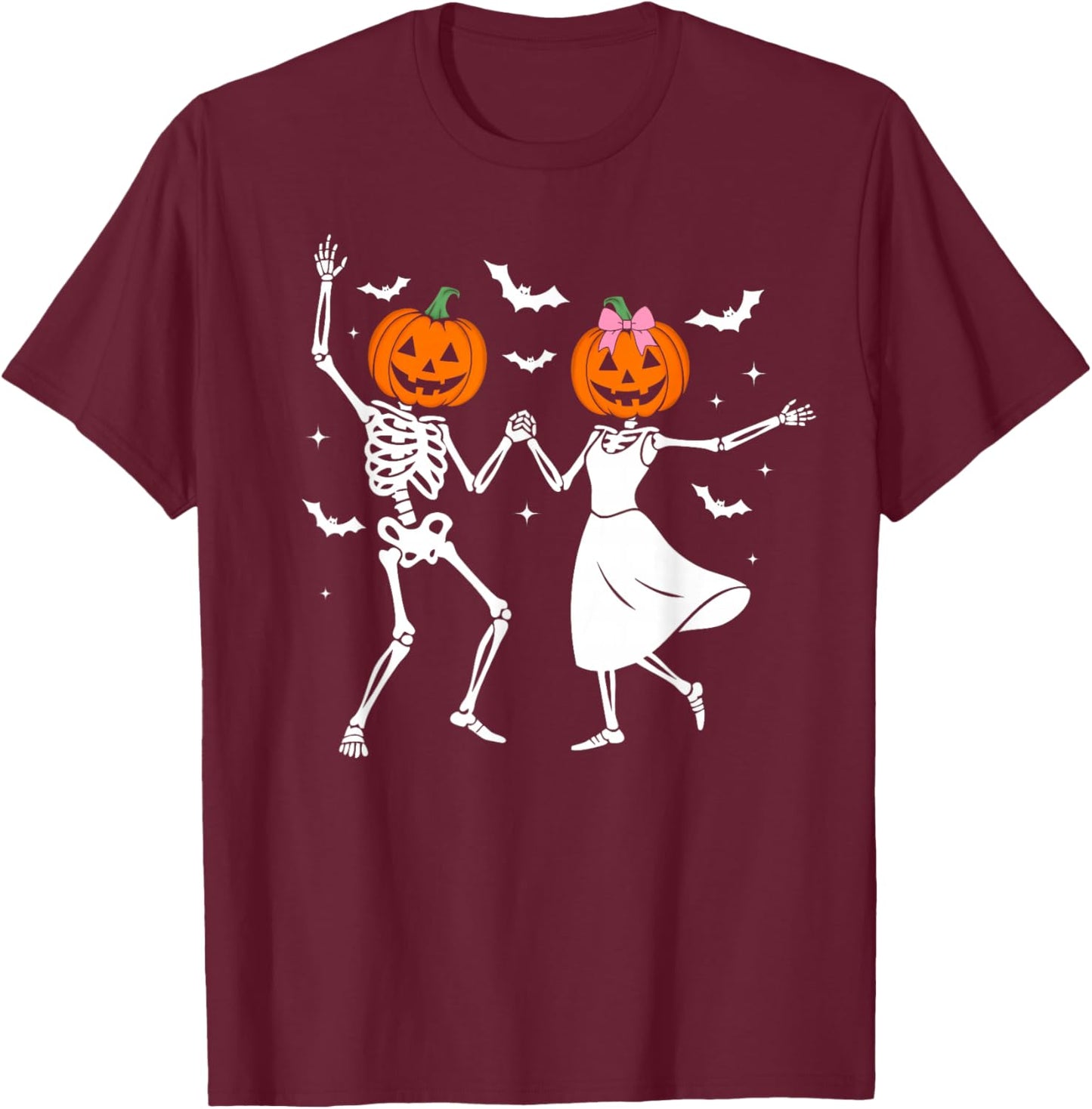 Dancing Skeleton Pumpkin Retro Halloween Costume for Couples T-Shirt - T-Shirt | Maroon