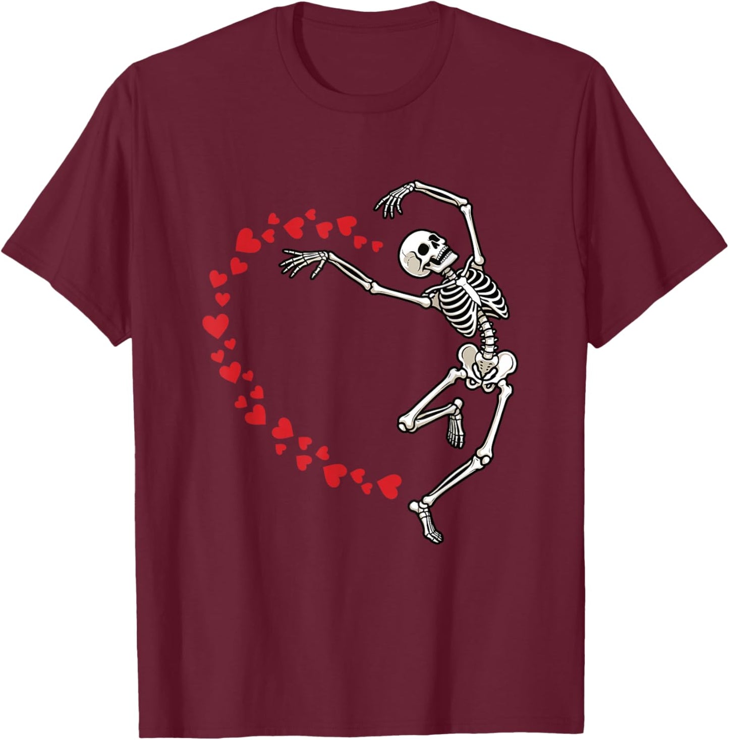 Skeleton Heart Valentine Graphic Dancing Skull Hearts Art T-Shirt - T-Shirt | Maroon