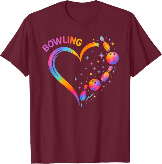 Bowling Heart Colorful Bowling Pin Lovers Bowler Women Girls T-Shirt - T-Shirt | Maroon