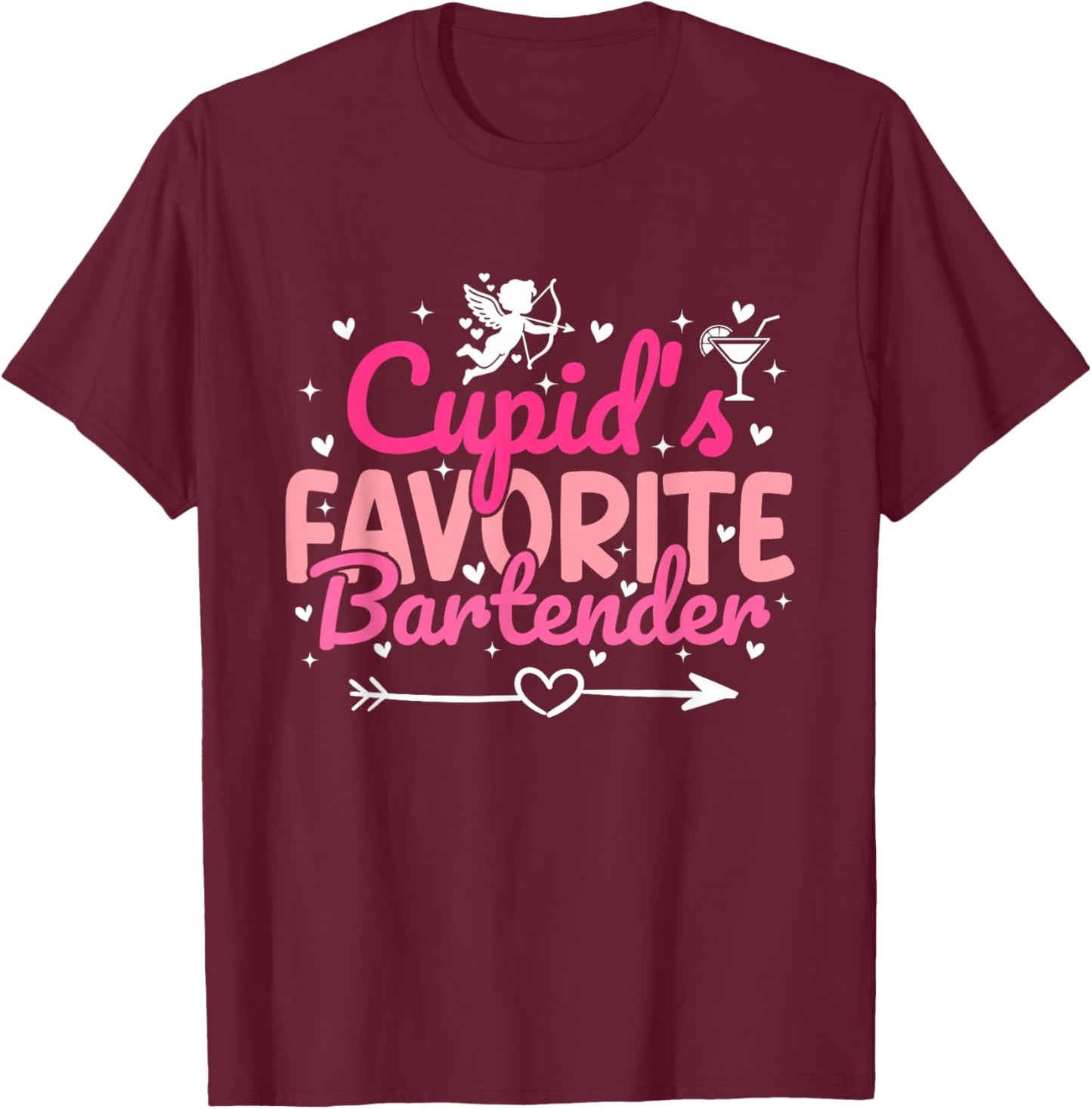 Cupid's Favorite Bartender Valentine’s Day Funny Bartending T-Shirt - T-Shirt | Maroon
