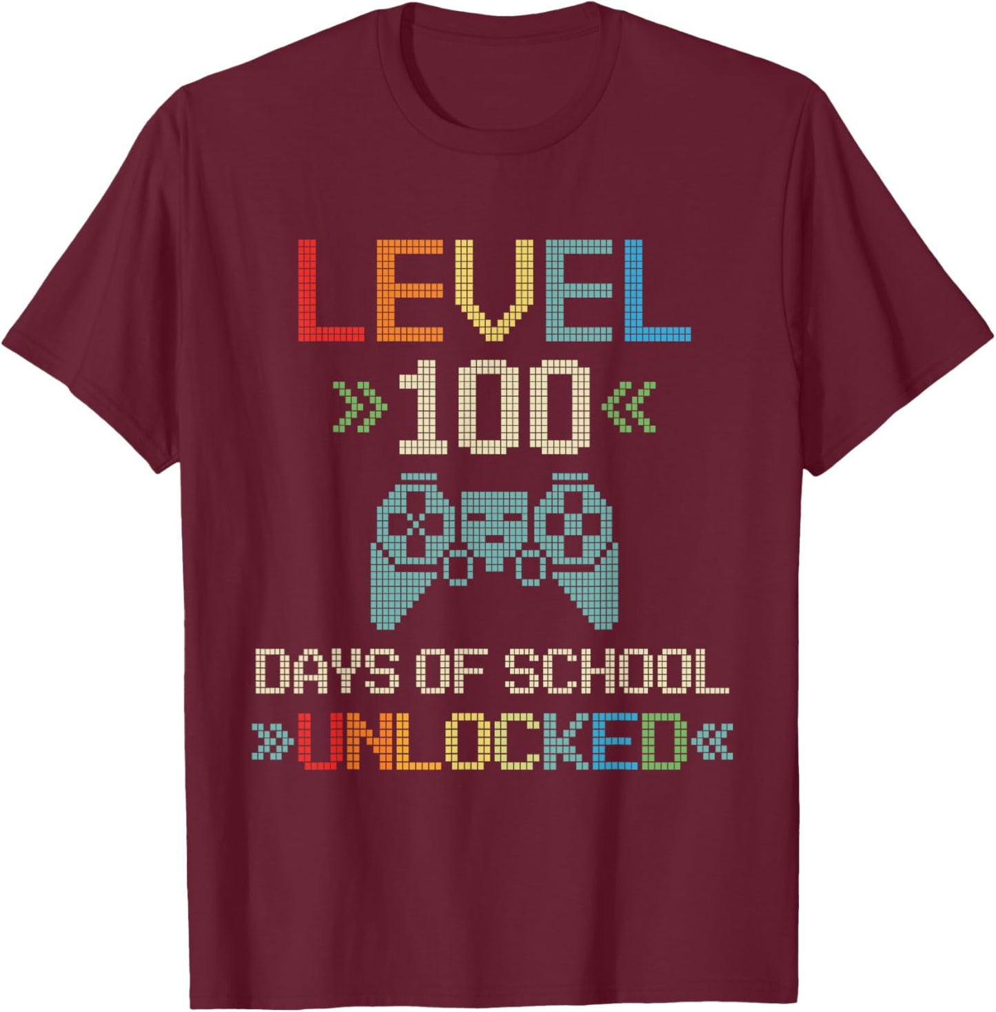 Level 100 Days Unlocked Kids Video Games Pixel Art for Gamer T-Shirt - T-Shirt | Maroon