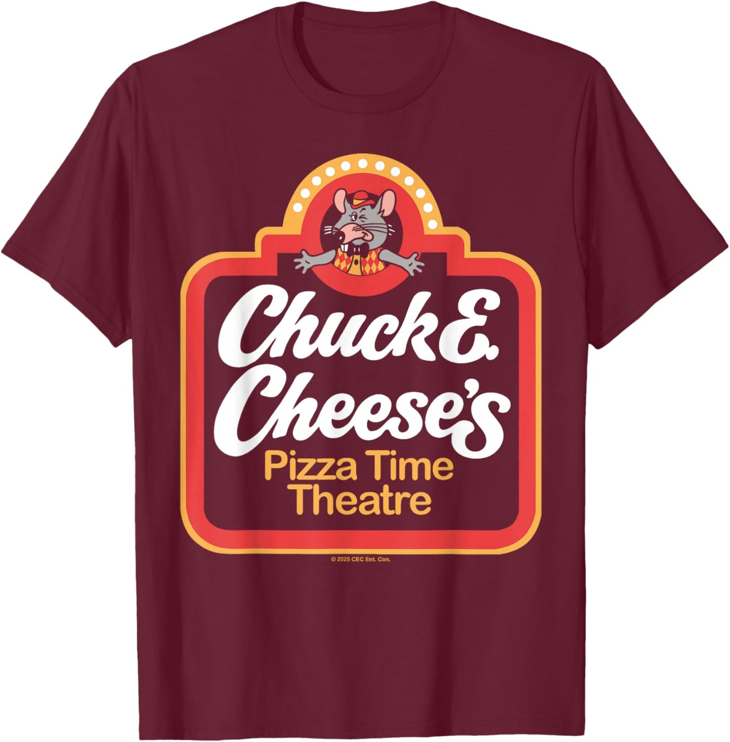 Chuck E. Cheese Classic Chuck E. Cheese's Pizza Time Theatre T-Shirt - T-Shirt | Maroon