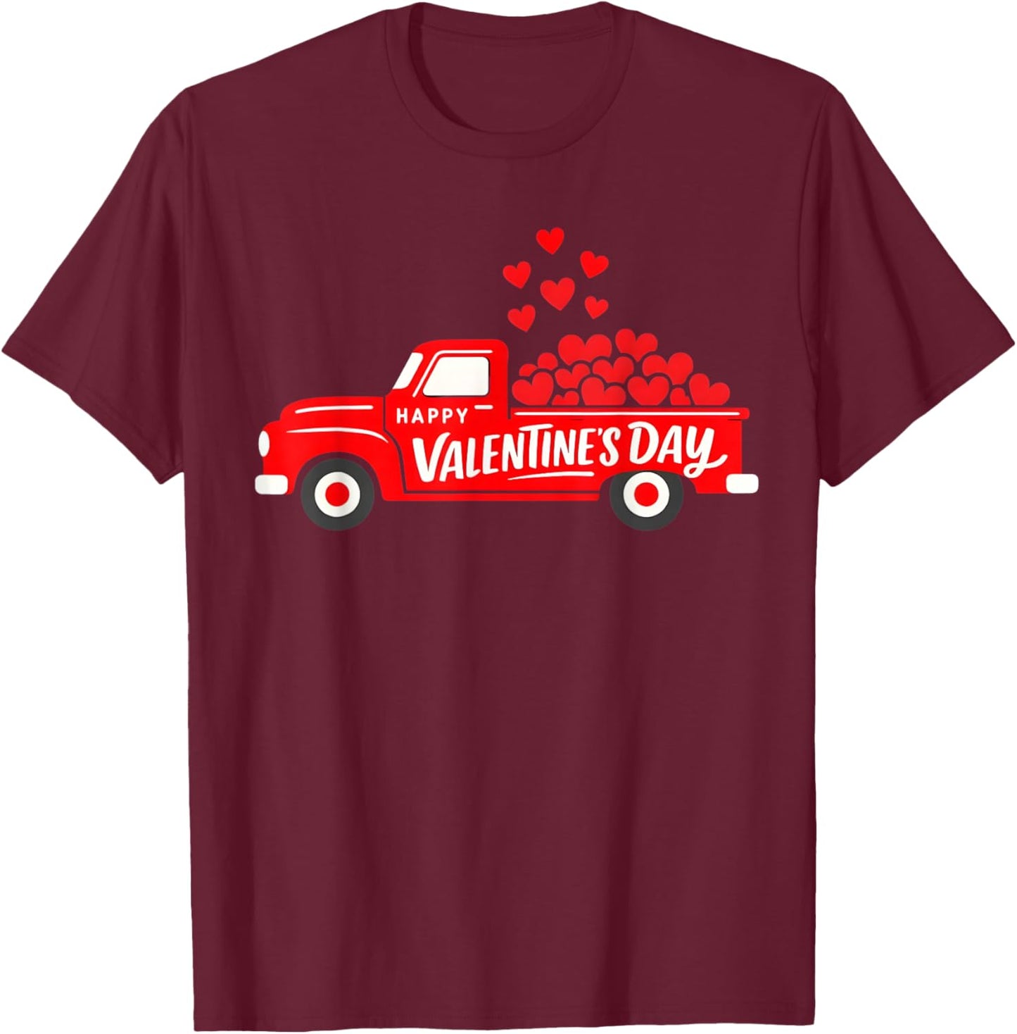 Classic Red Truck Happy Valentine's Day Farmhouse Hearts T-Shirt - T-Shirt | Maroon