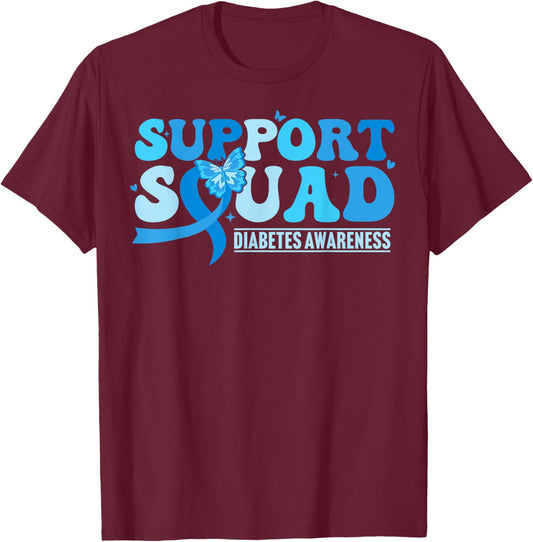 Diabetes Awareness Support Squad T1D Blue Butterfly Ribbon T-Shirt - T-Shirt | Maroon