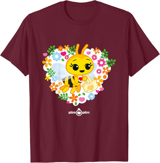 Plim Plim Bee Bee in Flower Wreath Cute Design T-Shirt - T-Shirt | Maroon