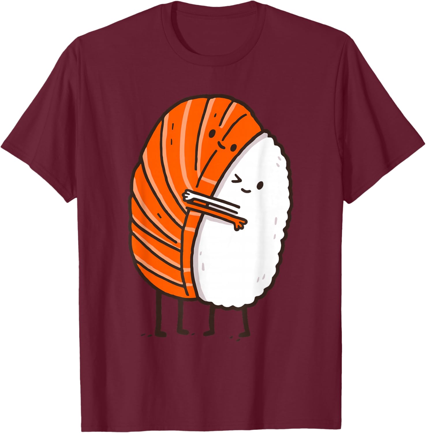 Funny Sushi Hugging Salmon Cute Japanese Food Kawaii Foodie T-Shirt - T-Shirt | Maroon