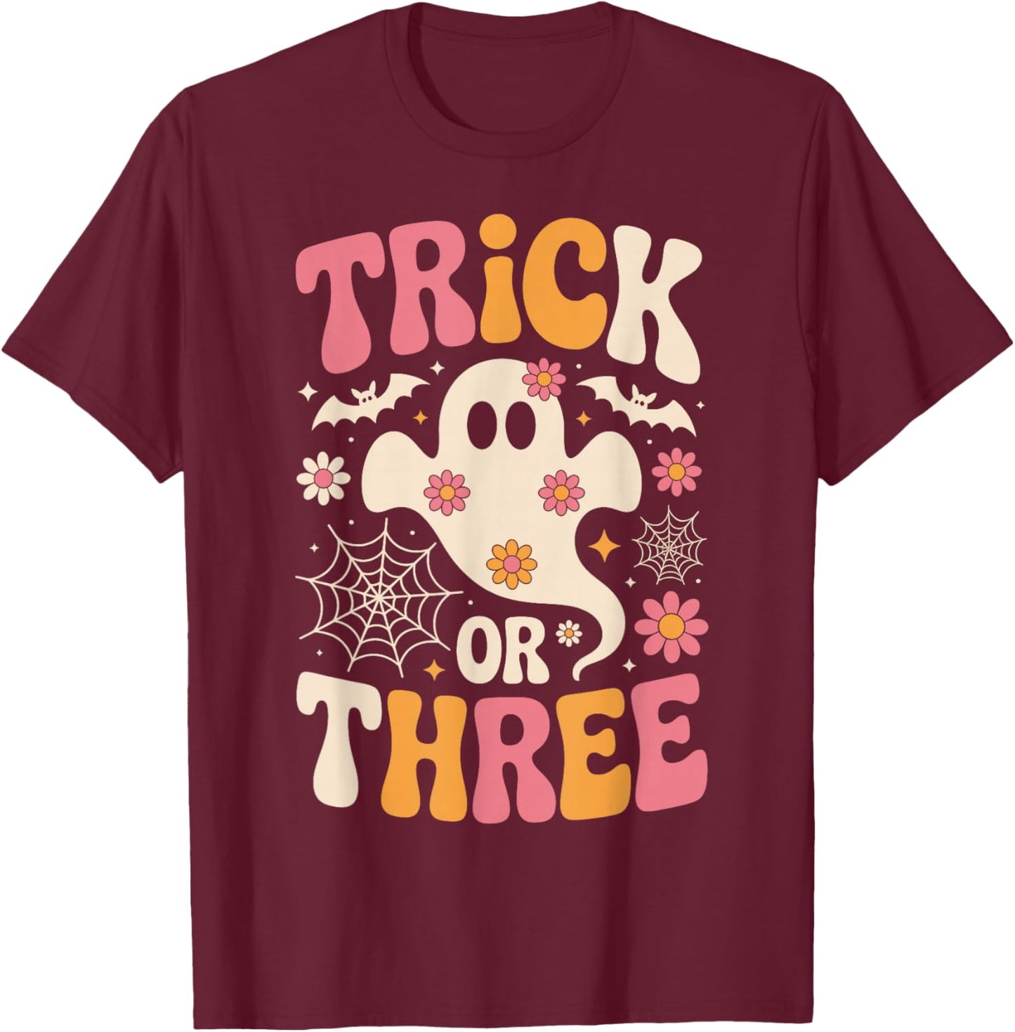 Trick Or Three 3 Years Old Birthday Groovy Ghost Halloween T-Shirt - T-Shirt | Maroon