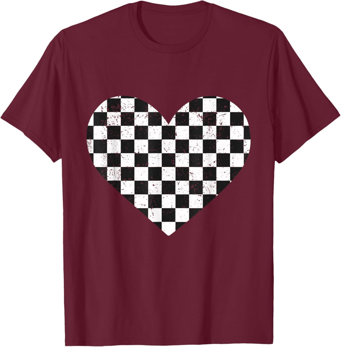 Girls Valentines Heart Silhouette Checkerboard Retro T-Shirt - T-Shirt | Maroon