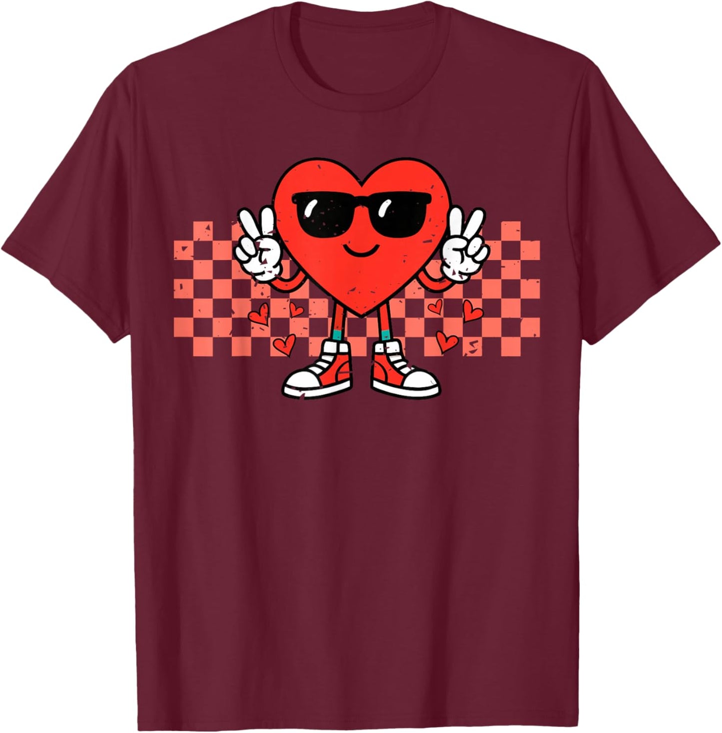 Retro Groovy Heart Peace Hand Valentines Day Men Women Kids T-Shirt - T-Shirt | Maroon