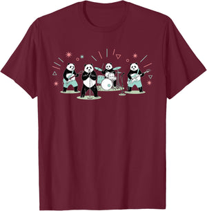 Panda Bears Rock Band Music Electric Bass Guitar Drum Set T-Shirt - T-Shirt | Maroon