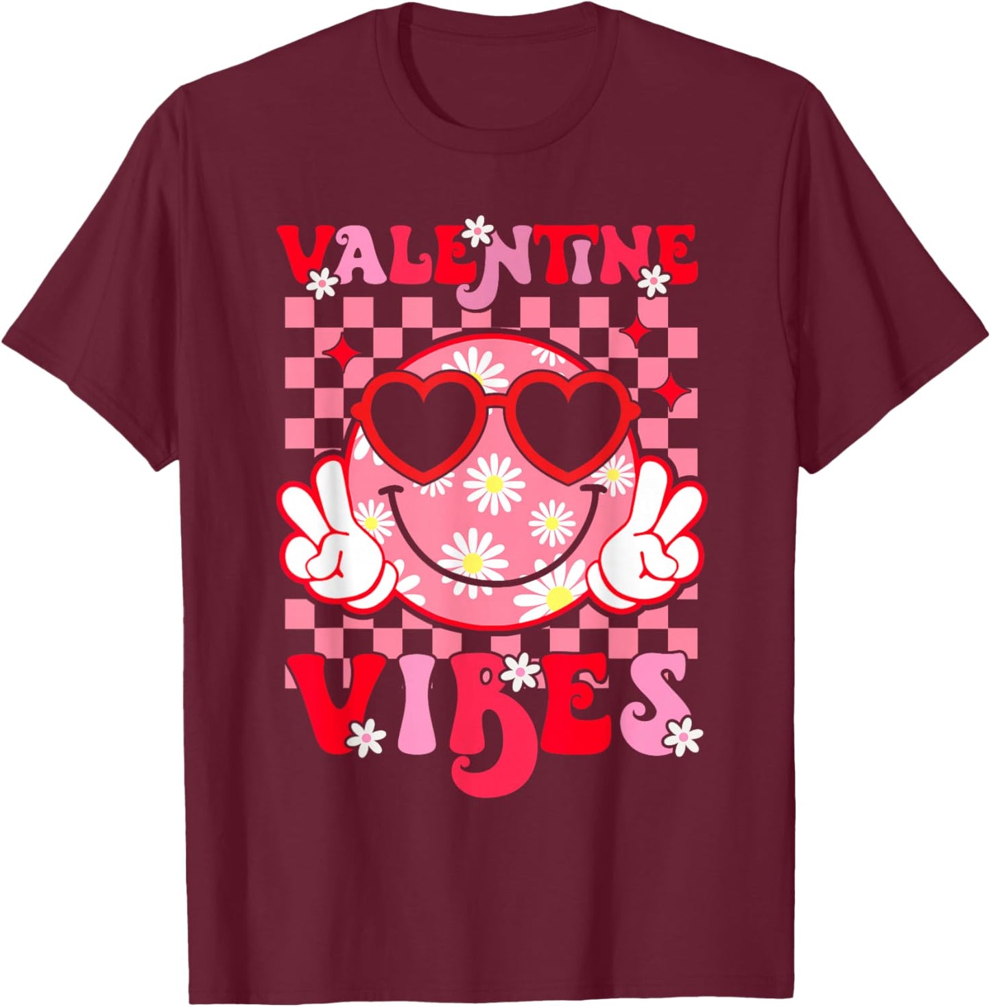 Cute Valentine Vibes Smile Face Valentines Day Girls Kids T-Shirt - T-Shirt | Maroon